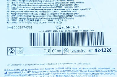 Halyard 42-1226 Corflo Nasogastric/ Nasointestinal Feeding Tube 6Fr x 56cm